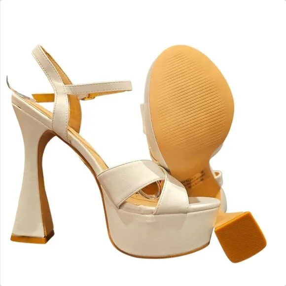 White Faux Leather Platform High Heel Sandals With Ankle Strap & Block Heel - Picture 3 of 7